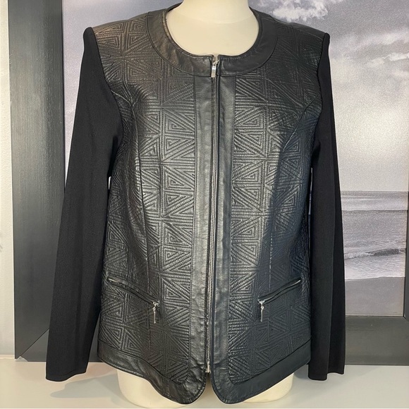 Nygard Collection Sz OX Black Geometric Textured Leather Knit Sleeve Back Jacket - Picture 1 of 11